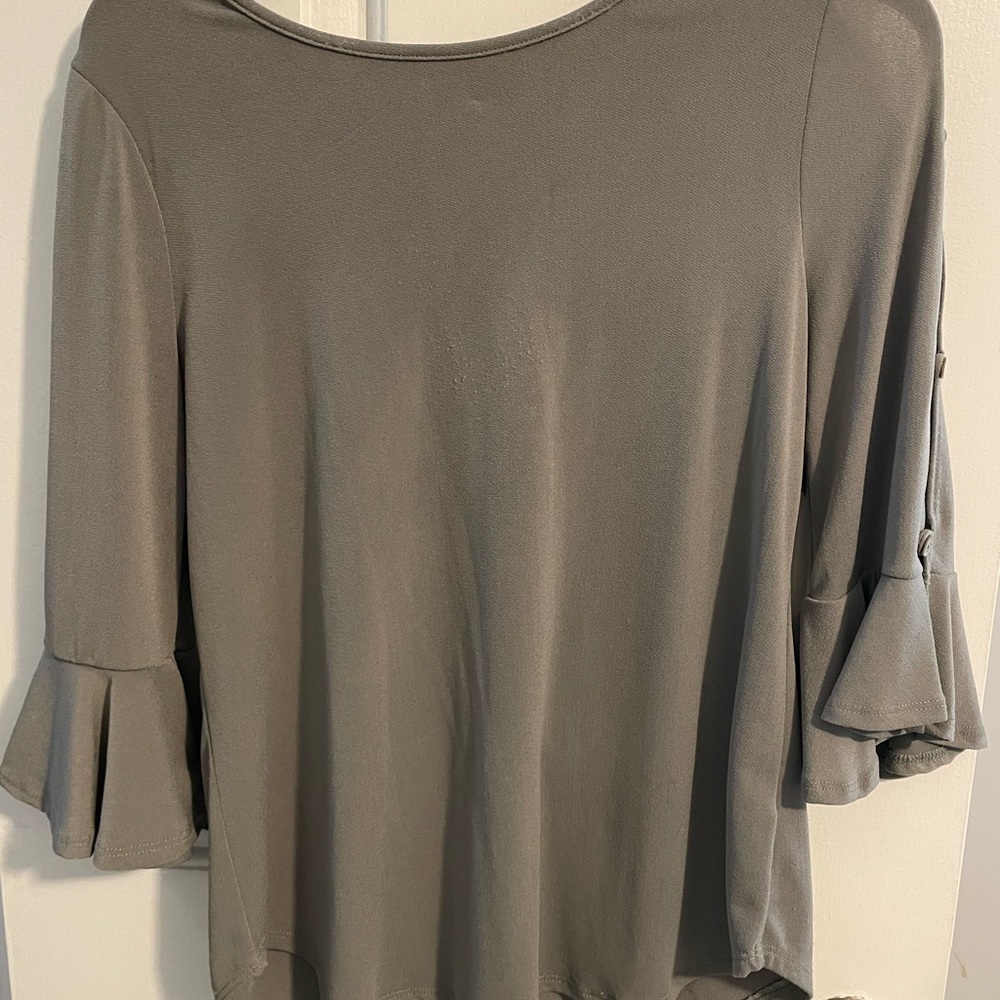 Green Envelope Bell Sleeve Ruffled Blouse